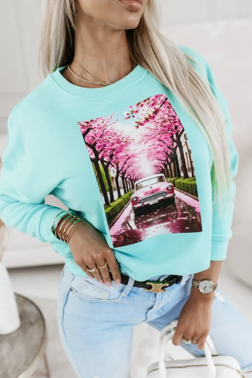 BLUZA BAWEŁNIANA AUTKO KWIATY TURKUSOWA