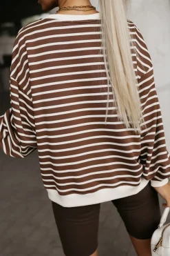 BLUZA BAWEŁNIANA MERRY OVERSIZE ASYMETRYCZNA Z ROZCIĘCIAMI PO BOKACH W PASKI BRĄZOWO-BEŻOWE