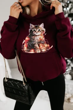 BLUZA BAWEŁNIANA OCIEPLANA Z KOTKIEM BURGUNDOWA