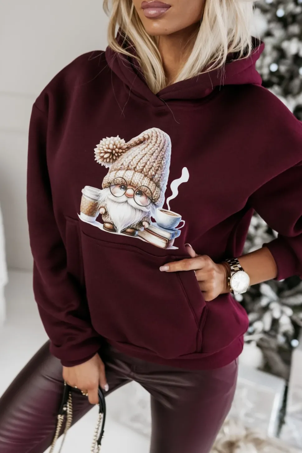 BLUZA BAWEŁNIANA OCIEPLANA Z MIKOŁAJEM BURGUNDOWA