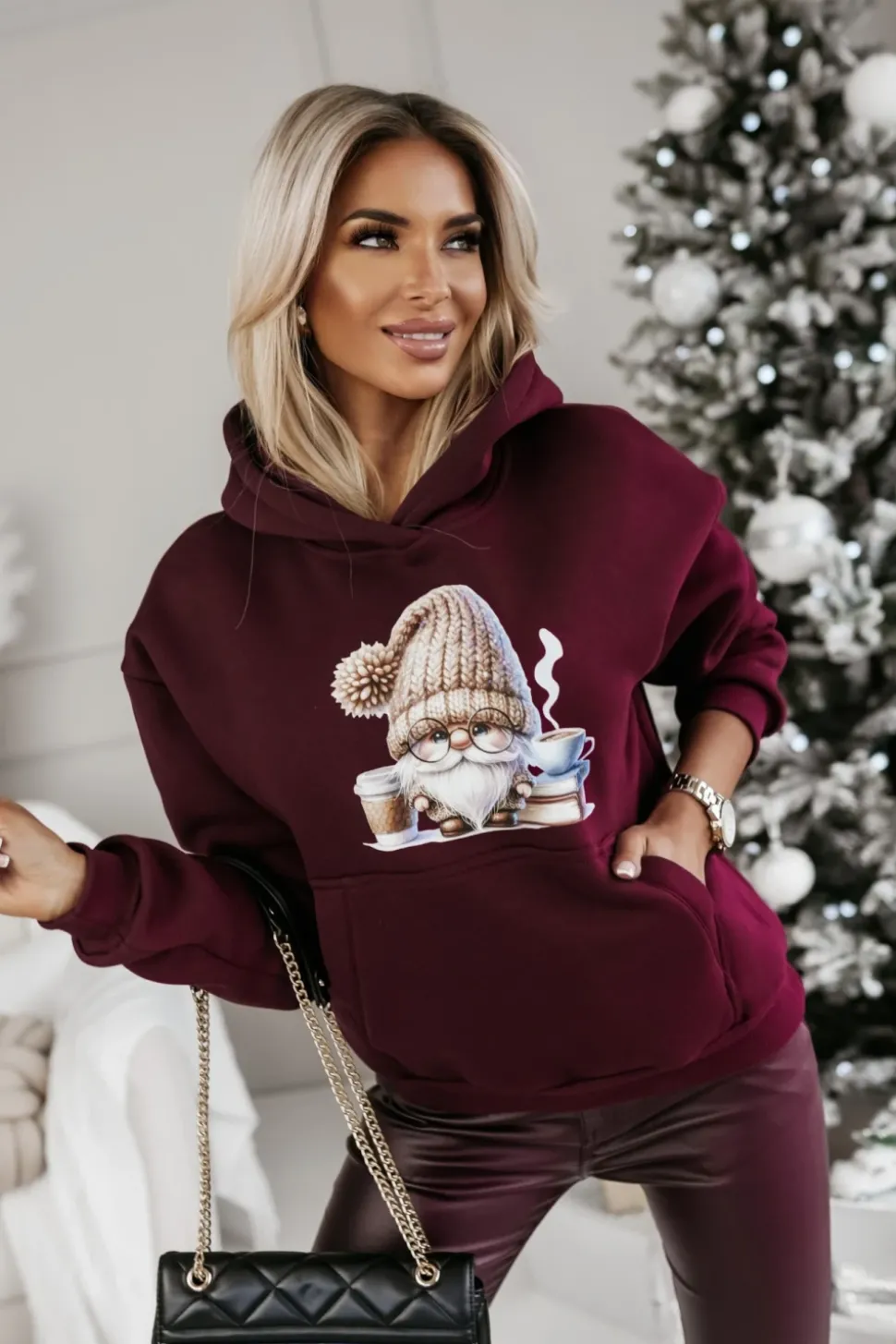 BLUZA BAWEŁNIANA OCIEPLANA Z MIKOŁAJEM BURGUNDOWA