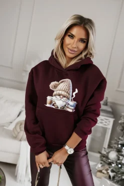 BLUZA BAWEŁNIANA OCIEPLANA Z MIKOŁAJEM BURGUNDOWA