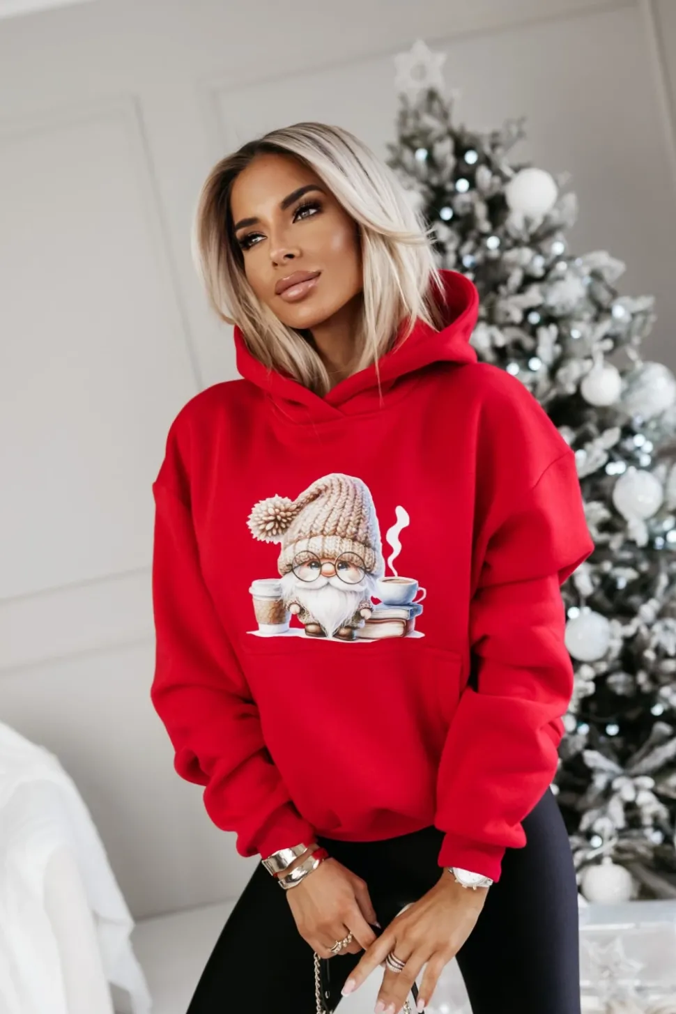 BLUZA BAWEŁNIANA OCIEPLANA Z MIKOŁAJEM CZERWONA