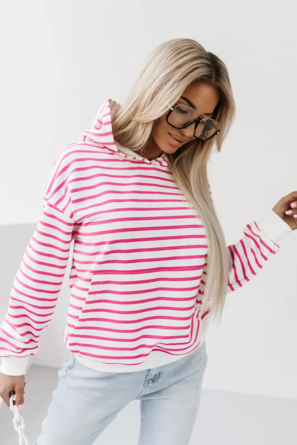 BLUZA BAWEŁNIANA RAPLH Z KAPTUREM W PASKI BIAŁO-RÓŻOWE