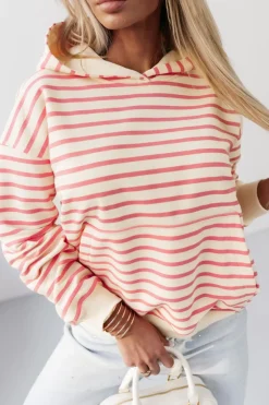 BLUZA BAWEŁNIANA RAPLH Z KAPTUREM W PASKI ECRU-MORELOWE