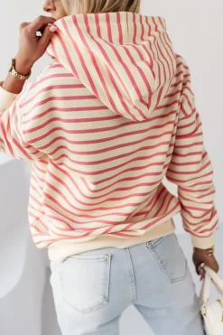 BLUZA BAWEŁNIANA RAPLH Z KAPTUREM W PASKI ECRU-MORELOWE