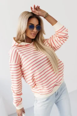 BLUZA BAWEŁNIANA RAPLH Z KAPTUREM W PASKI ECRU-MORELOWE