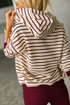 BLUZA BAWEŁNIANA RAPLH Z KAPTUREM W PASKI BURGUNDOWO-BEŻOWE