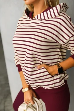 BLUZA BAWEŁNIANA RAPLH Z KAPTUREM W PASKI BURGUNDOWO-BEŻOWE