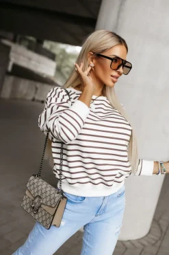 BLUZA BAWEŁNIANA TIAMO WYKOŃCZONA ŚCIĄGACZEM W PASKI BIAŁO-BRĄZOWA