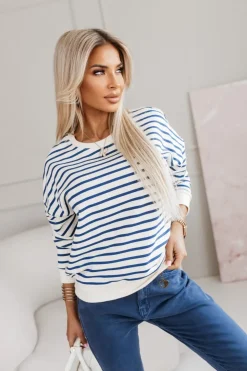 BLUZA BAWEŁNIANA TIAMO WYKOŃCZONA ŚCIĄGACZEM W PASKI ECRU-GRANATOWE