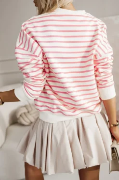 BLUZA BAWEŁNIANA TIAMO WYKOŃCZONA ŚCIĄGACZEM W PASKI ECRU-MORELOWE