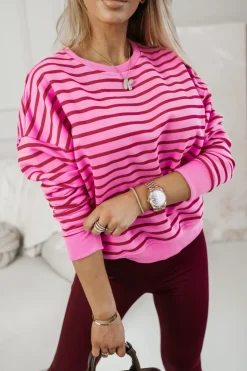 BLUZA BAWEŁNIANA TIAMO WYKOŃCZONA ŚCIĄGACZEM W PASKI CZERWONO-RÓŻOWE