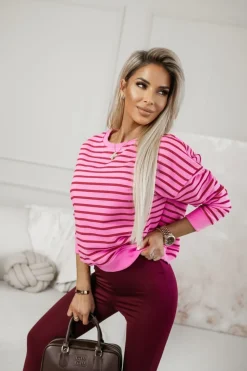 BLUZA BAWEŁNIANA TIAMO WYKOŃCZONA ŚCIĄGACZEM W PASKI CZERWONO-RÓŻOWE