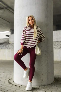 BLUZA BAWEŁNIANA Z KAPTUREM W PASY BURGUNDOWO-BEŻOWE