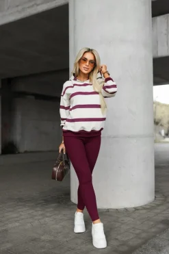 BLUZA BAWEŁNIANA Z KAPTUREM W PASY BEŻOWO-BURGUNDOWE