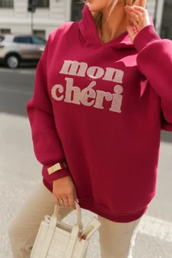BLUZA BAWEŁNIANA Z KAPTUREM OCIEPLANA Z BARANKOWYM NAPISEM MON CHERI WIŚNIOWA