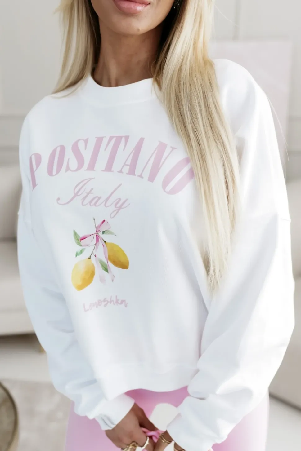 BLUZA BAWEŁNIANA Z NAPISEM POSITANO BIAŁA