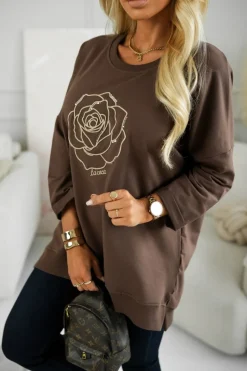 BLUZA BAWEŁNIANA Z WYSZYWANĄ RÓŻĄ CZEKOLADOWA