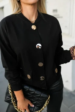 BLUZA BOMBERKA BAWEŁNIANA BASIC Z OZDOBNYMI NAPAMI CZARNA