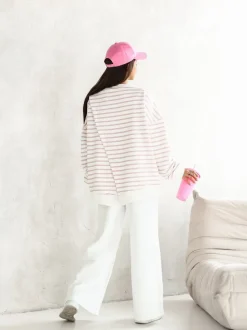 BLUZA DRESOWA BAWEŁNIANA Z ROZCIĘCIEM NA PLECACH W PASKI ECRU-RÓŻOWE