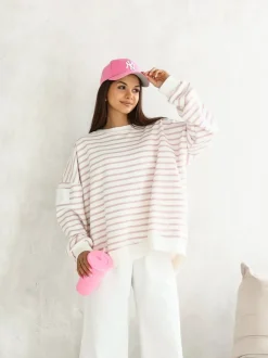 BLUZA DRESOWA BAWEŁNIANA Z ROZCIĘCIEM NA PLECACH W PASKI ECRU-RÓŻOWE