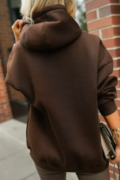 BLUZA DRESOWA BAWEŁNIANA Z KAPTUREM ZDOBIONA KWIATAMI CZEKOLADOWA