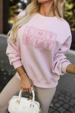 BLUZA DRESOWA BAWEŁNIANA Z NAPISEM LOVELY PUDROWY RÓŻ