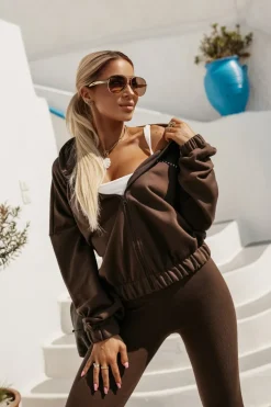 BLUZA DRESOWA BAWEŁNIANA Z KAPTUREM Z MINIMALISTYCZNYM NAPISEM BRĄZOWA