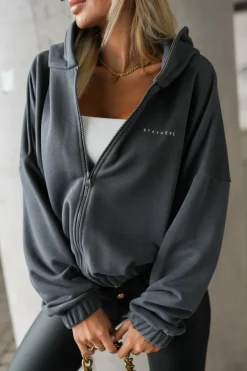 BLUZA DRESOWA BAWEŁNIANA Z KAPTUREM Z MINIMALISTYCZNYM NAPISEM GRAFITOWA