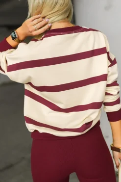 BLUZA DRESOWA CHARLIE BAWEŁNIANA W PASKI BEŻOWO-BURGUNDOWE