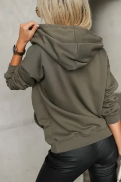 BLUZA DRESOWA ROZPINANA Z KAPTUREM Z MINIMALISTYCZNYM NAPISEM KHAKI