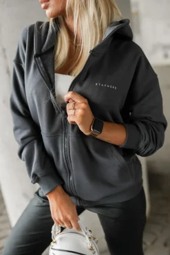 BLUZA DRESOWA ROZPINANA Z KAPTUREM Z MINIMALISTYCZNYM NAPISEM GRAFITOWA