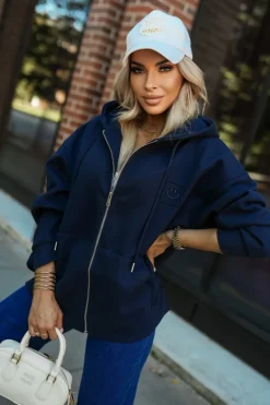 BLUZA DRESOWA SMILE ZAPINANA NA SUWAK Z KAPTUREM GRANATOWA