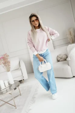 BLUZA JIMMY O KROJU OVERSIZE W PASKI RÓŻOWE-ECRU