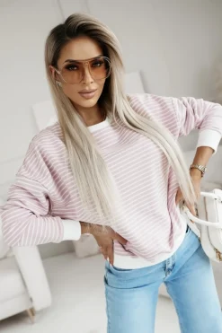 BLUZA JIMMY O KROJU OVERSIZE W PASKI RÓŻOWE-ECRU