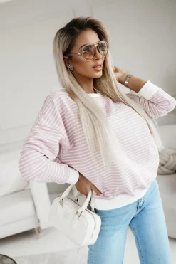 BLUZA JIMMY O KROJU OVERSIZE W PASKI RÓŻOWE-ECRU