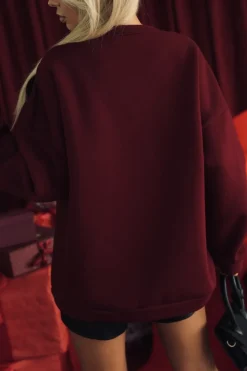 BLUZA OVERSIZE OCIEPLANA Z ODPINANYM KWIATEM 3D BURGUNDOWA