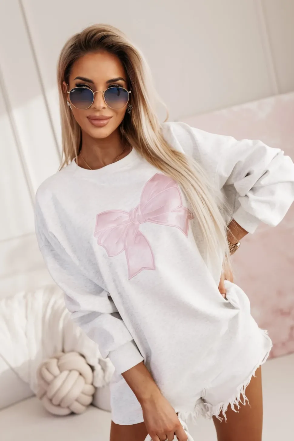 BLUZA SUNNY Z RÓŻOWĄ KOKARDĄ SZARA