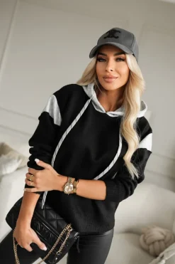 BLUZA SWETERKOWA SARA Z KAPTUREM CZARNO-SZARA