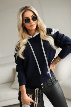 BLUZA SWETERKOWA SARA Z KAPTUREM GRANATOWO-SZARA