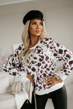 BLUZA SWETERKOWA ZDOBIONA GUZIKAMI PANTERKA BIAŁO-BORDOWA