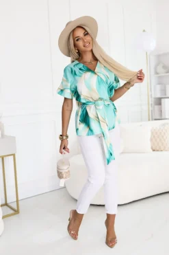 BLUZKA ALICE Z KRÓTKIM RĘKAWEM Z KOPERTOWYM DEKOLTEM ZIELONO-BEŻOWA