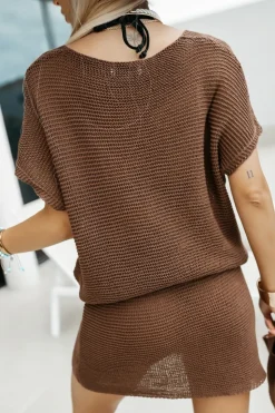 BLUZKA AŻUROWA VICTORIA BOHO Z DEKOLTEM W SEREK BRĄZOWA