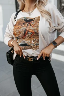 BLUZKA BAWEŁNIANA BASIC LONG GEPARD BEŻOWA