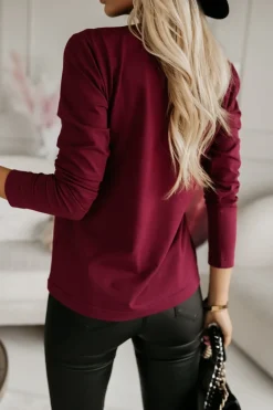 BLUZKA BAWEŁNIANA BASIC Z DŁUGIM RĘKAWEM Z OKRĄGŁYM DEKOLTEM BURDGUNOWA