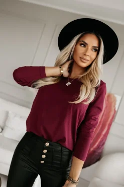 BLUZKA BAWEŁNIANA BASIC Z DŁUGIM RĘKAWEM Z OKRĄGŁYM DEKOLTEM BURDGUNOWA