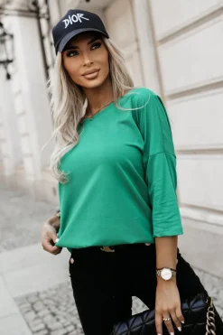 BLUZKA BAWEŁNIANA RICCI Z DEKOLTEM W ŁÓDKĘ Z RĘKAWEM 3/4 ZIELONA