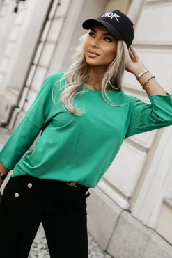 BLUZKA BAWEŁNIANA RICCI Z DEKOLTEM W ŁÓDKĘ Z RĘKAWEM 3/4 ZIELONA