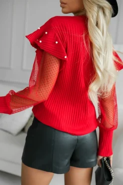 BLUZKA BAWEŁNIANA Z KOLIĄ I TIULOWYMI RĘKAWAMI W GROSZKI CZERWONA